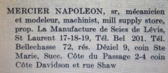 Scies Mercier - Annuaire Marcotte - 1914-1915